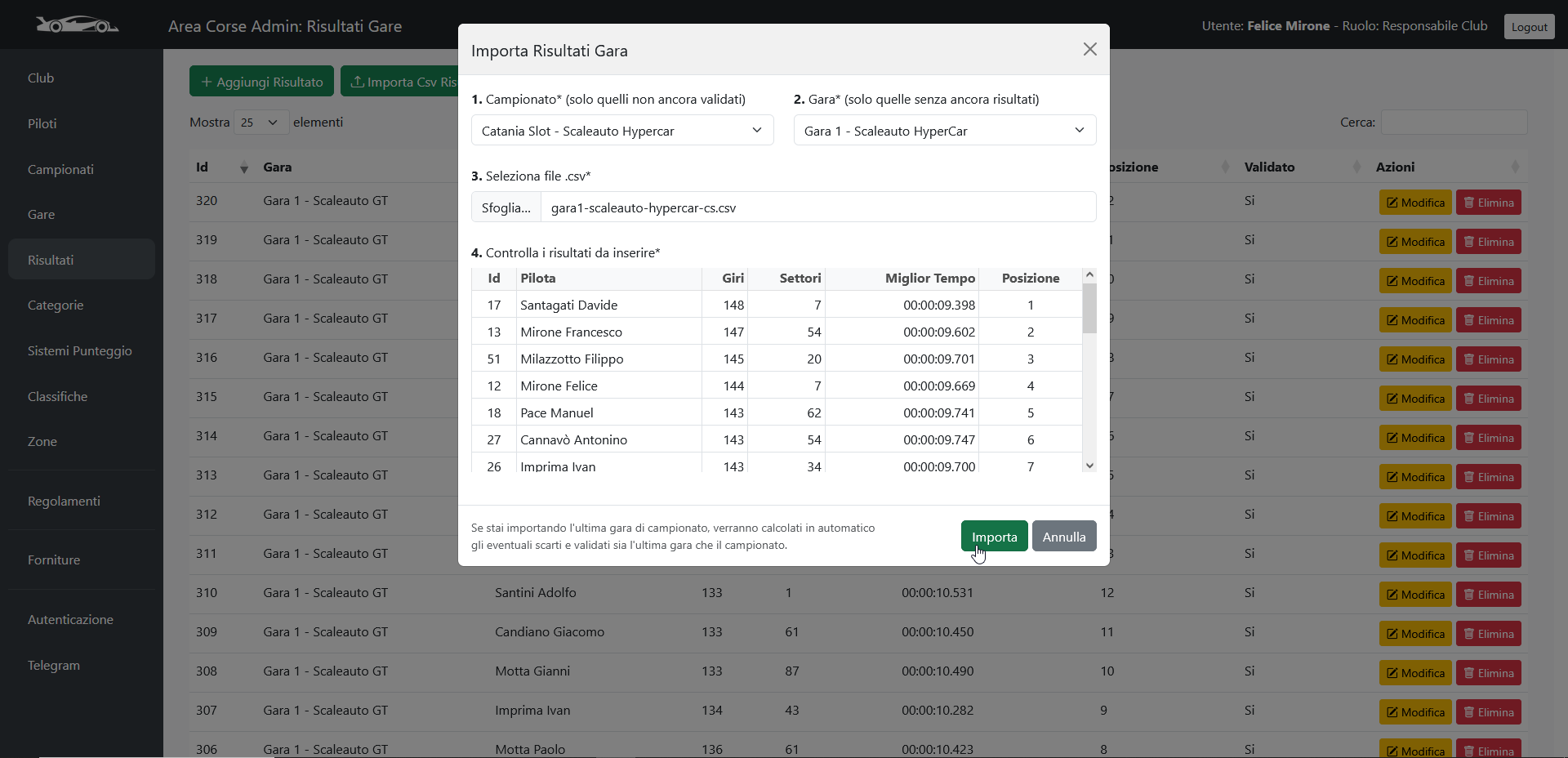 Step 7: Importa per inserire i risultati della gara